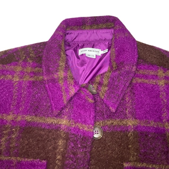 Good American Boyfriend Buffalo Plaid Shacket in Pop Thistle - Picture 7 of 14